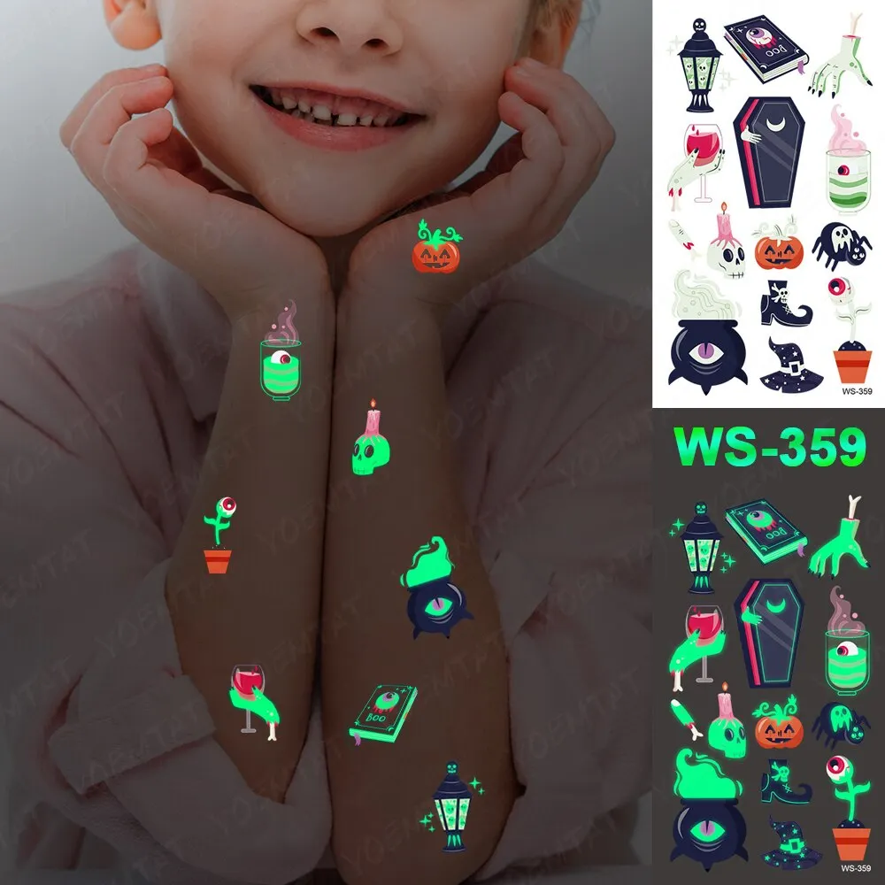 Sdrawing Temporary Luminous Tattoo Sticker Waterproof Pumpkin Skull Tatoo Arm Glowing Tattoos On Child Halloween Party Decor