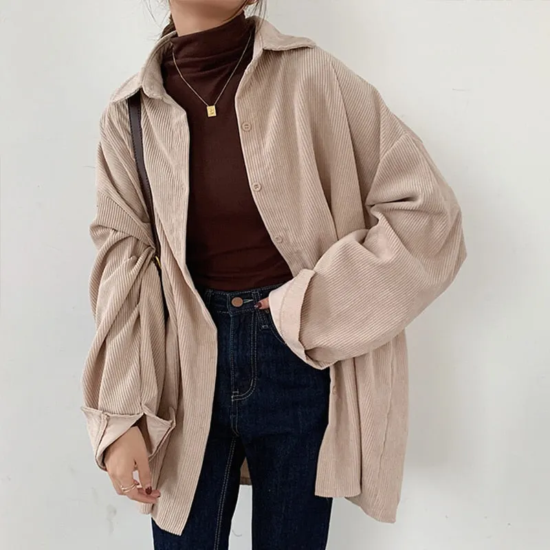 Spring New Women Solid Corduroy Vintage Oversized Blouse Turn-Down Collar Button Up Batwing Sleeve Shirt Autumn Casual Tops T0O5