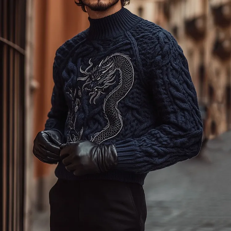 Men's Chunky Knitted Dragon Totem Turtleneck Sweater