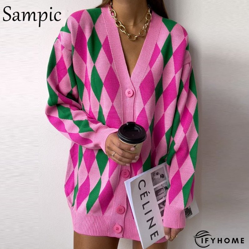 Christmas Gift Sampic Loose Patchwork Knitwear Winter Women Cardigans Tops Oversized Long Sleeve Y2K V Neck Sweater Casual Fashion Tops | IFYHOME