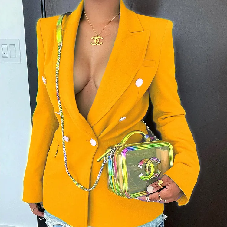 Women Business Professional Attire Slim Double-Breasted Solid Color Fashion Top Casual Suit Jacket
