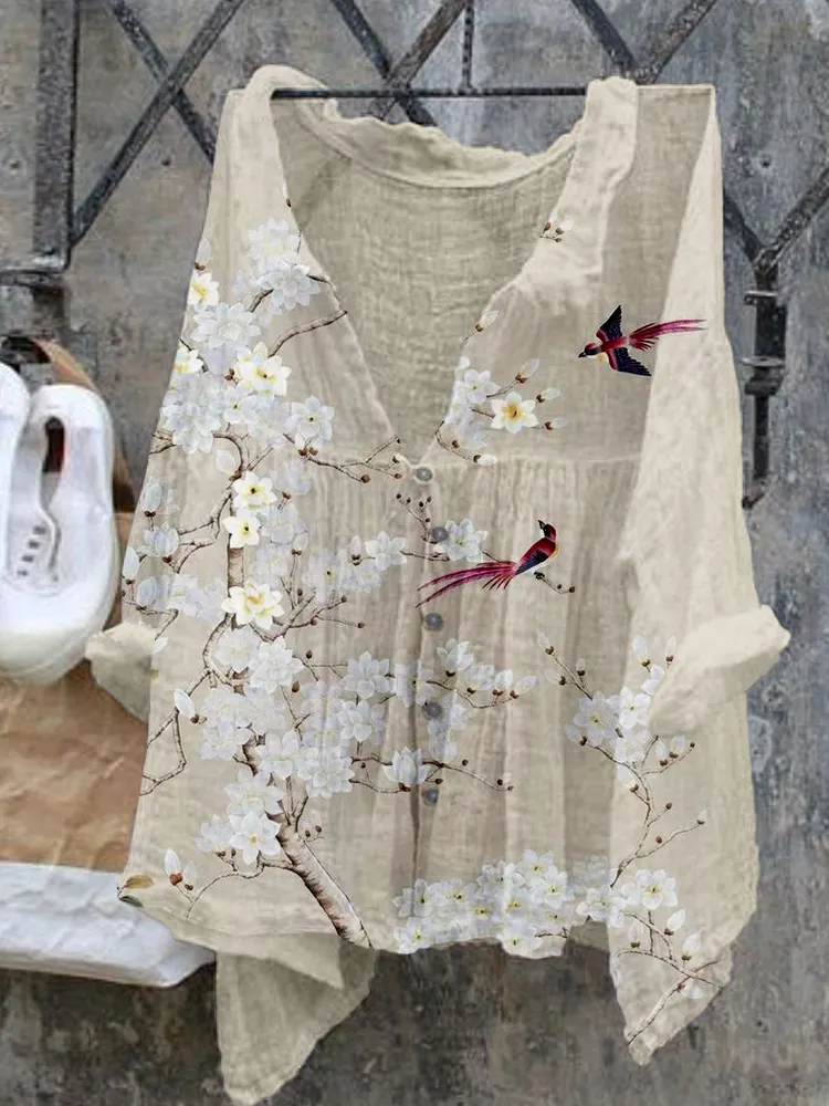 Flowers and Birds Art Linen Blend Cozy Shirt