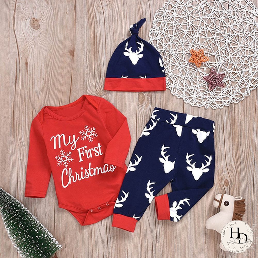 3pcs/set Newborn Infant Baby Christmas Letter Snowflake Print Romper Deer Pants With Cap Xmas Outfits