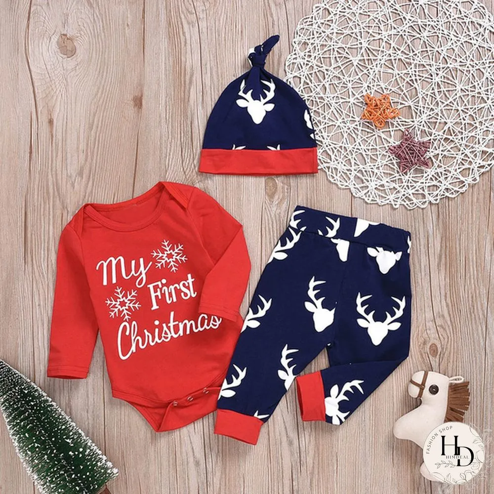 3pcs/set Newborn Infant Baby Christmas Letter Snowflake Print Romper Deer Pants With Cap Xmas Outfits