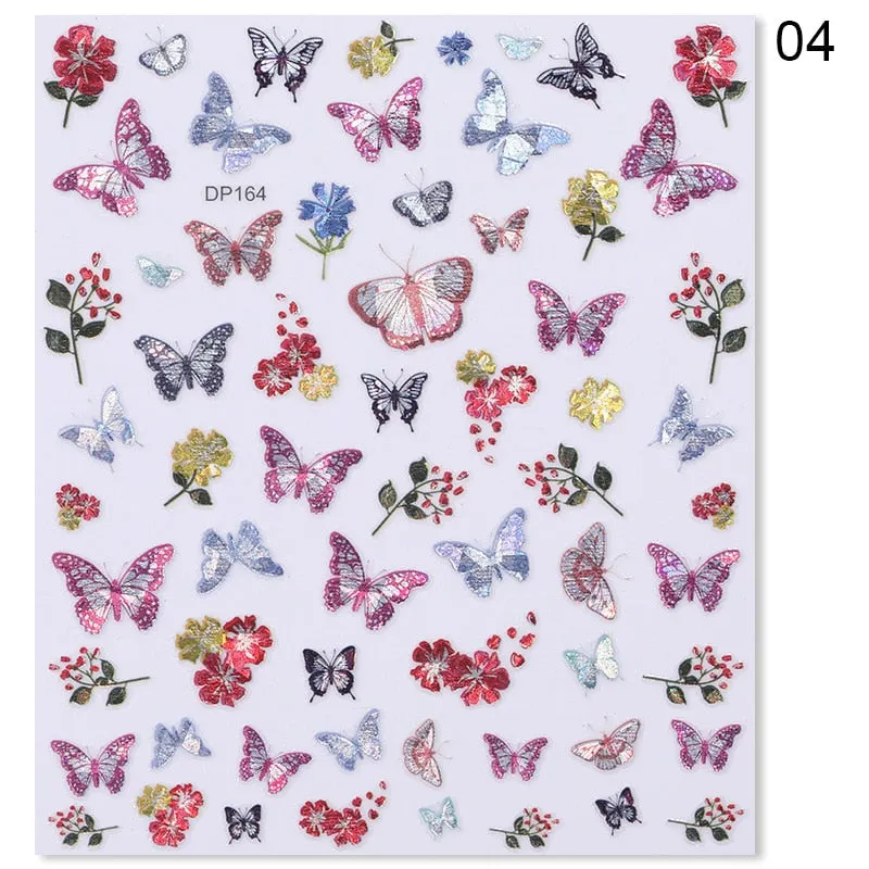 1pc Holographic Blue Nail Stickers Pink Colorful Butterfly Art Sticker With Adhesive DIY Extension Flowers Rose Nail Decoration-Nail Inspo