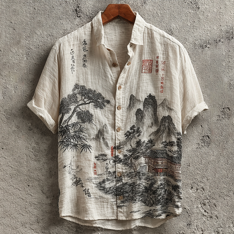 Women's Japanese Art Pattern Short Sleeve Linen Blend Shirt elevenforest
