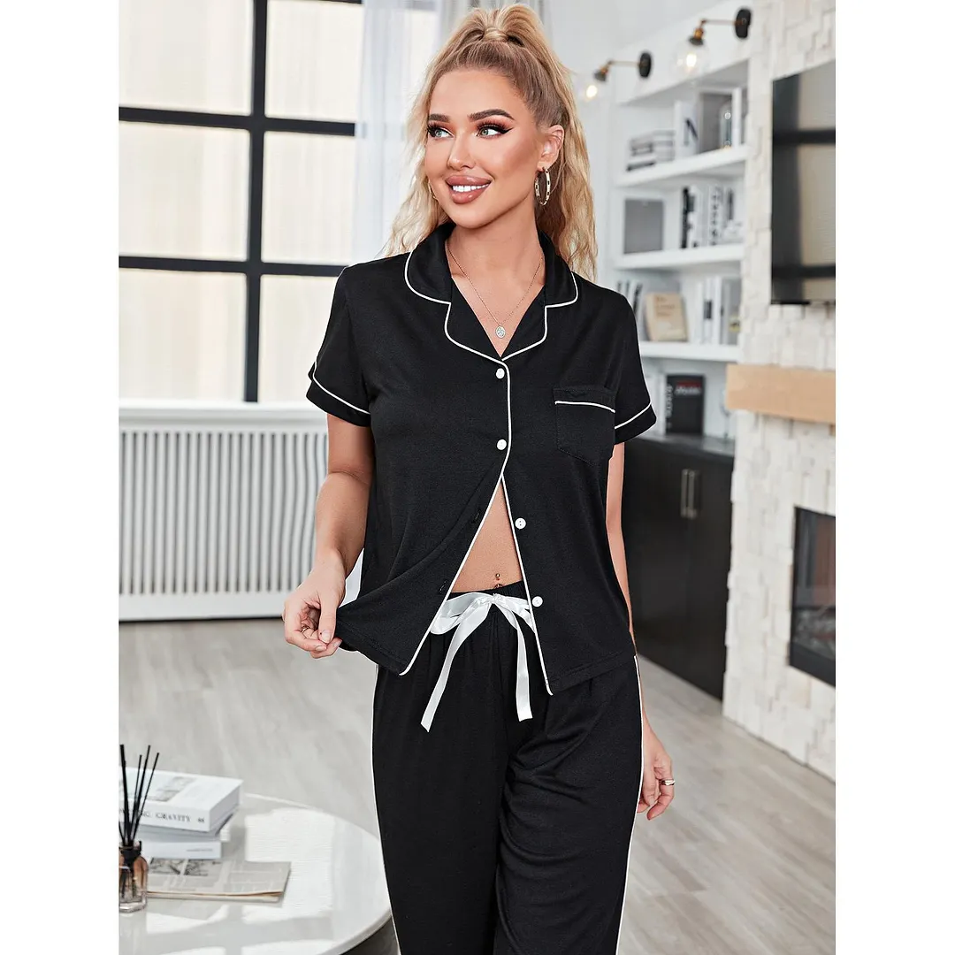 Nigikala Nigikala Female Spring Autumn Cardigan Short Sleeve Long Pajama Pants Home Suit