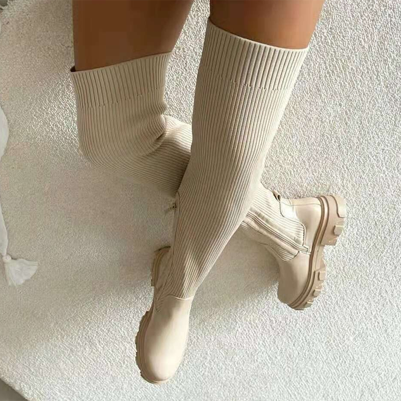 2022 Flats Shoes Thick Sole Boots Autumn Winter Breathable Knitting Upper Women Thigh High Boots Stretch Round Toe Black Boots