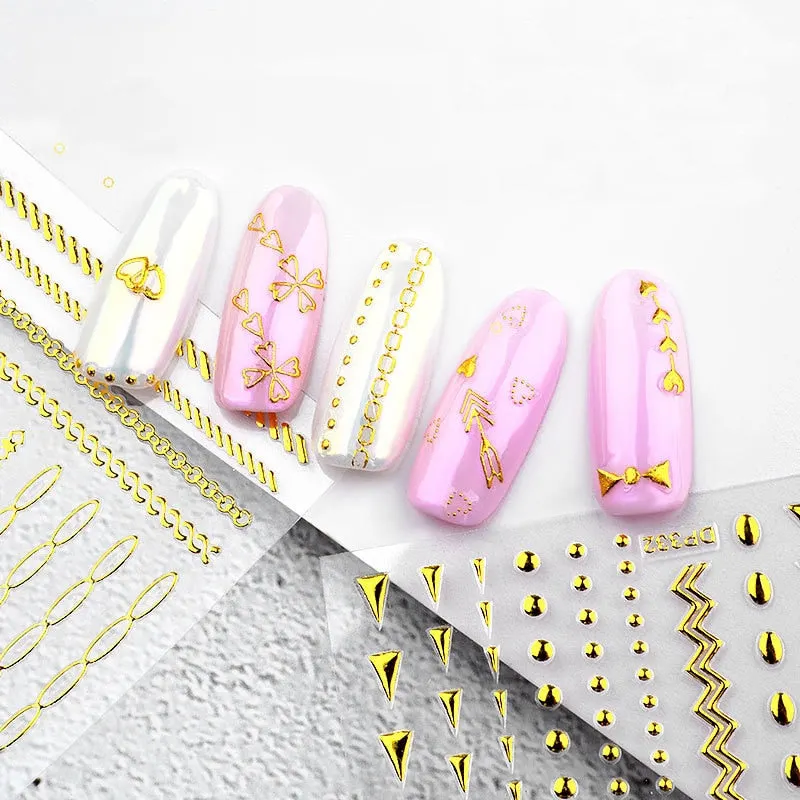 Nail Stickers Embossed 3D Elegant Golden Chain Zipper Designs Water Nail Decals Decoration Tips For Beauty Salons-Nail Inspo