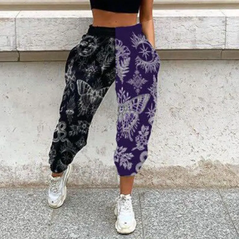 Women Casual Skull Print Patchwork Pants Spring Autumn Elastic Waist Pocket Loose Pencil Pants Female Streetwear Warm Sweatpants