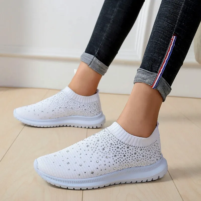 Women Lightweight Sneakers Summer Casual Rhinestone Shoes Ladies Vulcanized Shoes Bling Slip On Sneaker Female Tenis Feminino