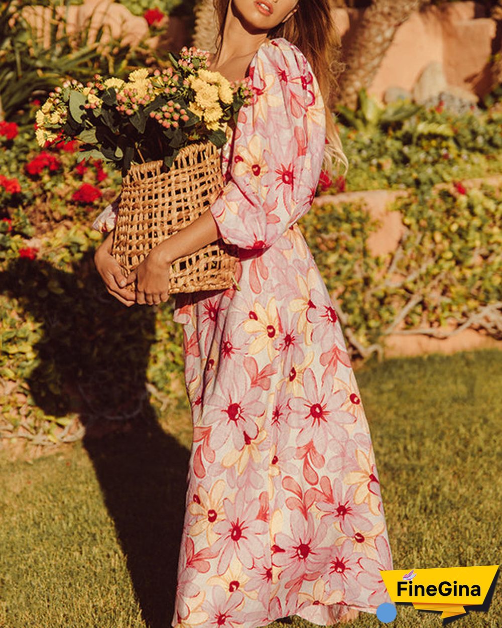 Sweet Puff Sleeve Print Slim Dress