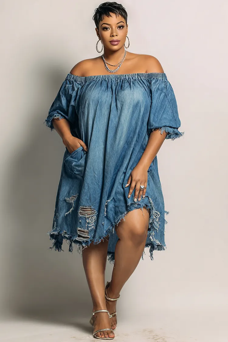 Xpluswear Design Plus Size Party Blue Off The Shoulder Short Sleeve Pocket Ripped Denim Mini Dresses [Pre-Order] 2024 - Xpluswear