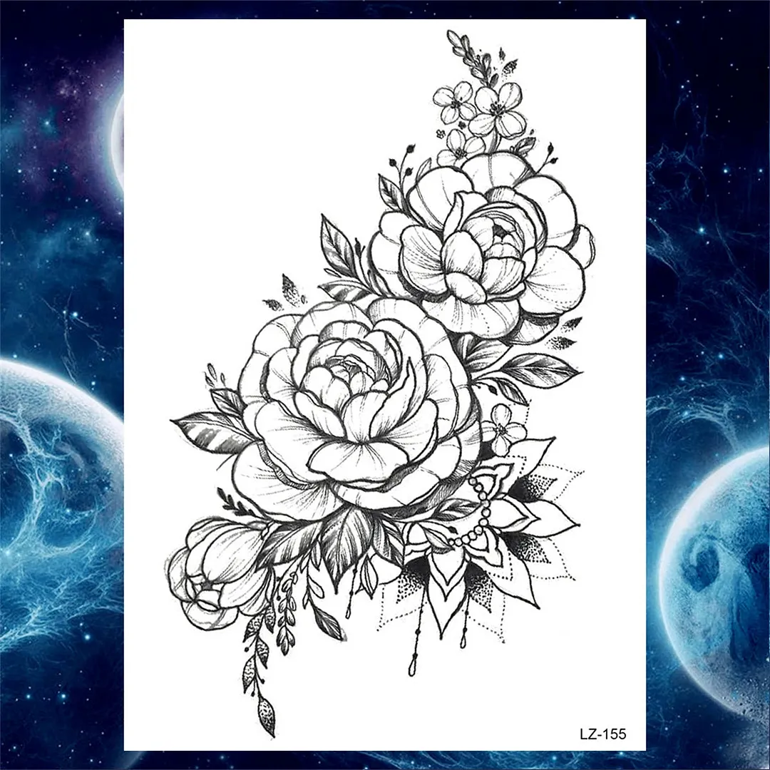 Flower Compass Temporary Tattoo For Women Girls Adult Rose Peony Tattoos Sticker Fake Black Floral Body Art Thigh Tatoos Paper