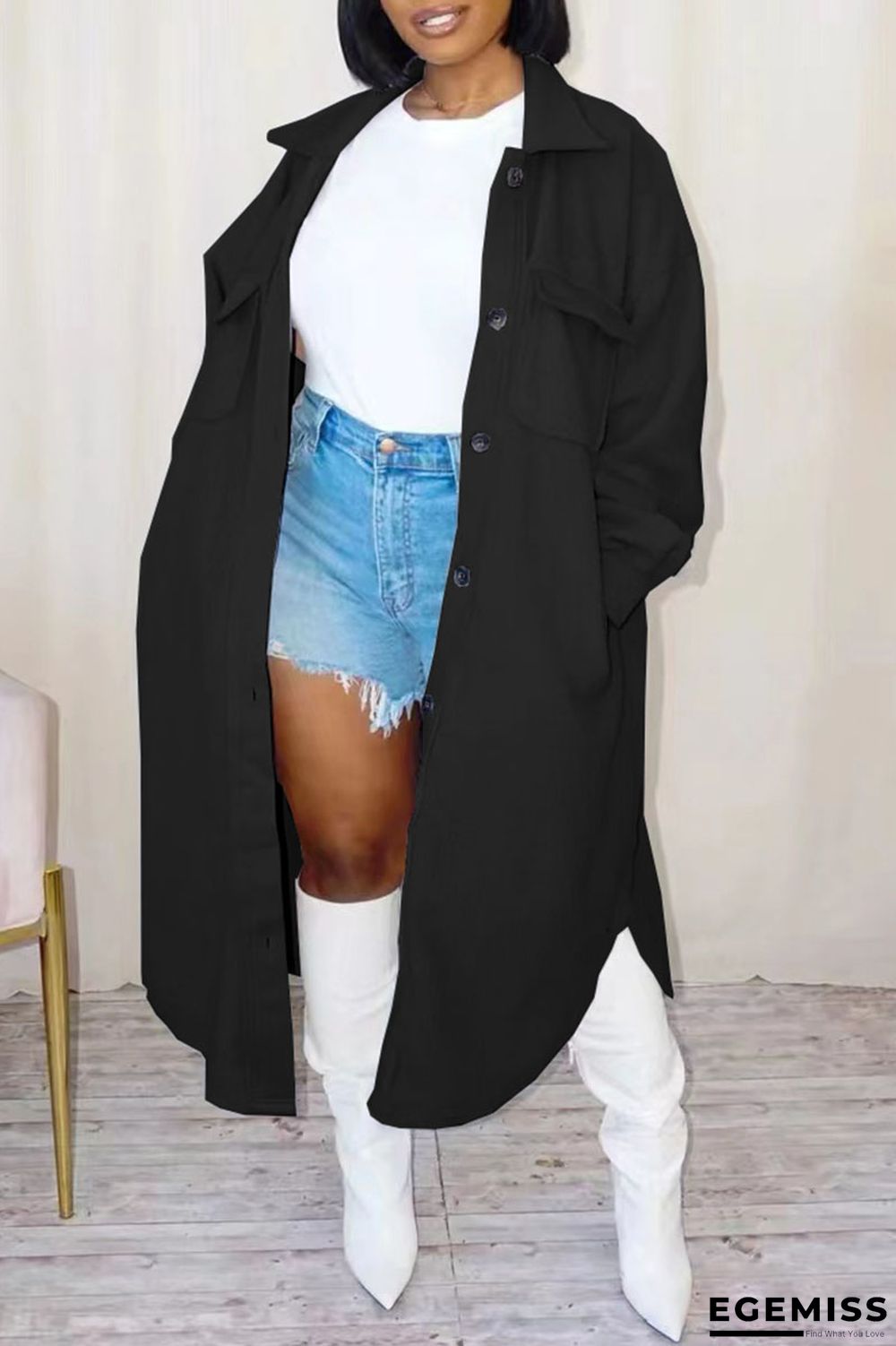 Black Casual Solid Patchwork Turndown Collar Outerwear | EGEMISS