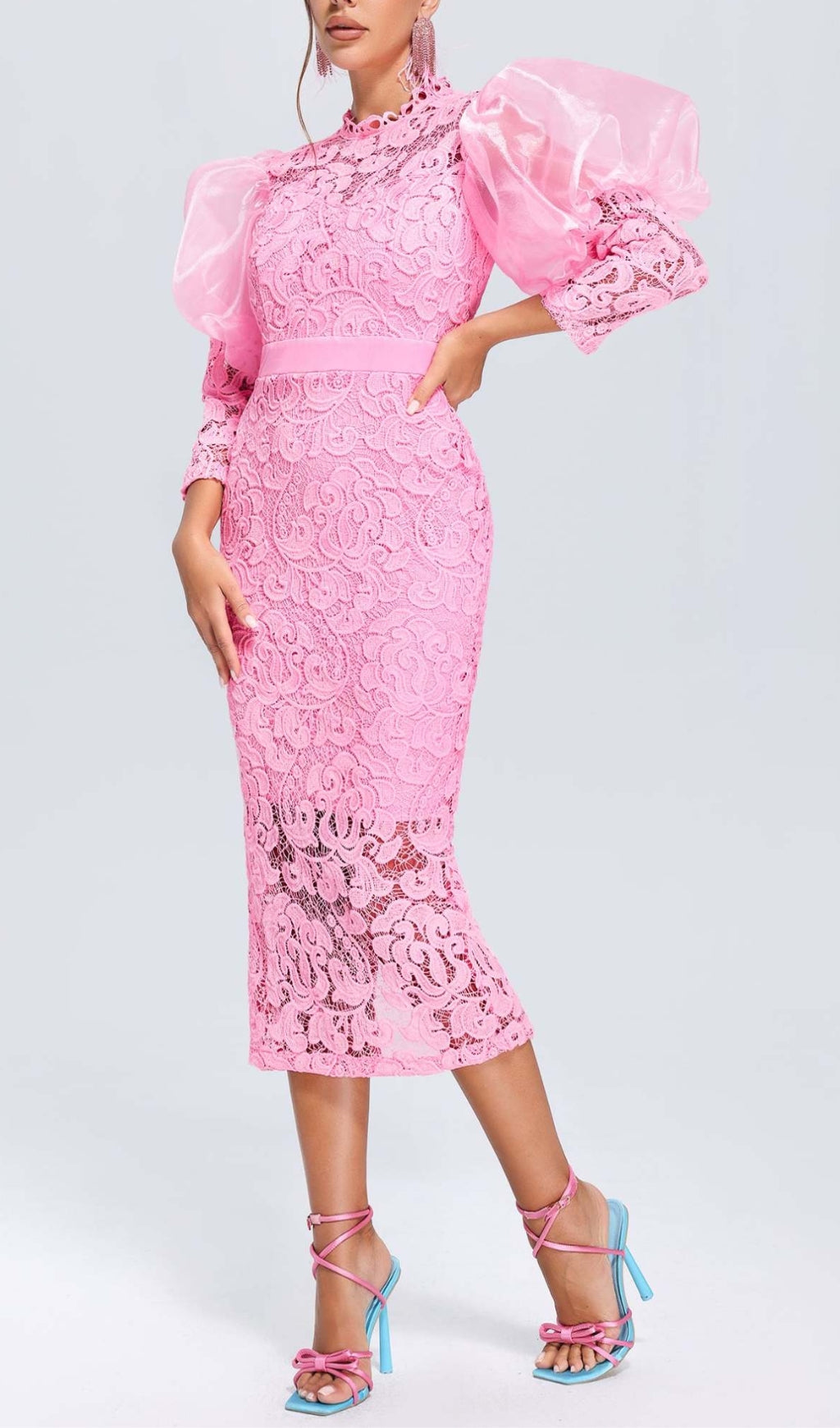 Aithne Pink Puff Sleeve Lace Midi Dress Flowering Girl