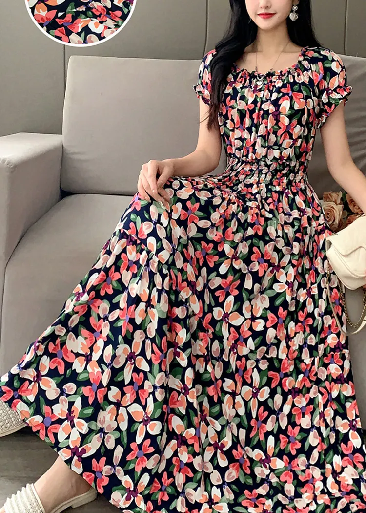 Women's floral dress, travel beach dress, printed short-sleeved one-line collar, Maxi Dress