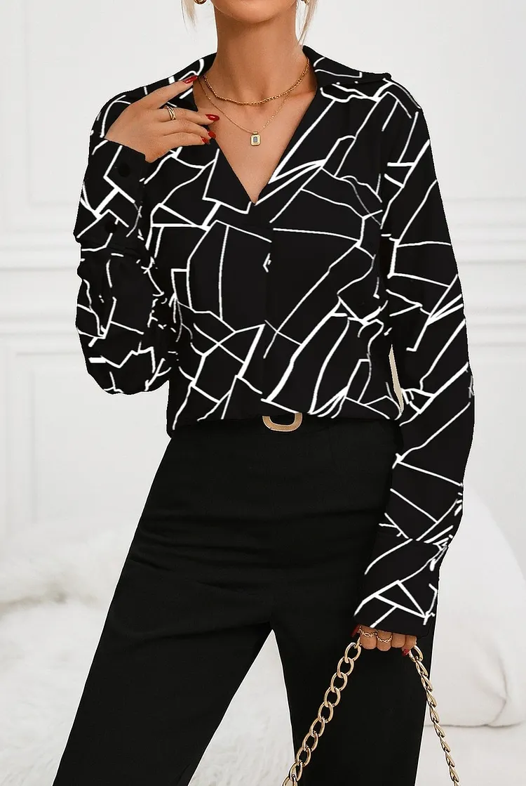 Women's Oversized V - Neck Blouse with Linear Print