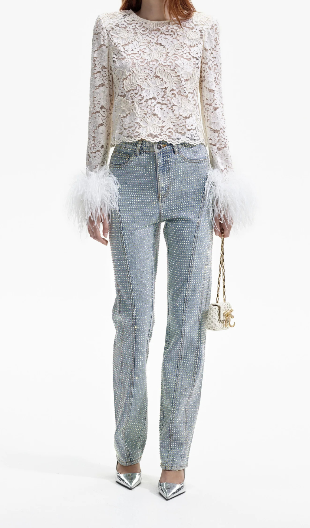 Fashionslee WomenAkihito Cream Cord Lace Feather Top