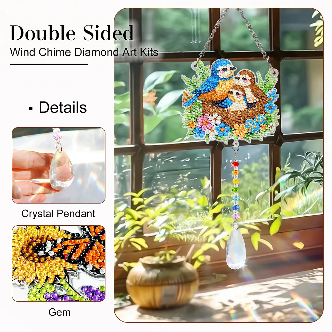 2Pcs Birds Family DIY Acrylic Diamond Painting Art Wind Chimes with Crystal Pendant Diamond Art Hanging Pendant Double-Sided for Adults Beginners Gift Home Garden Decor