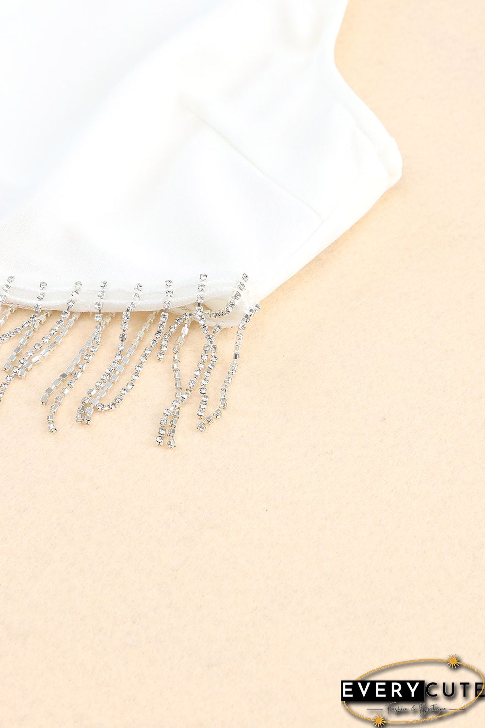 White Rhinestone Fringe Zip Back Round Neck Cropped Tank Top