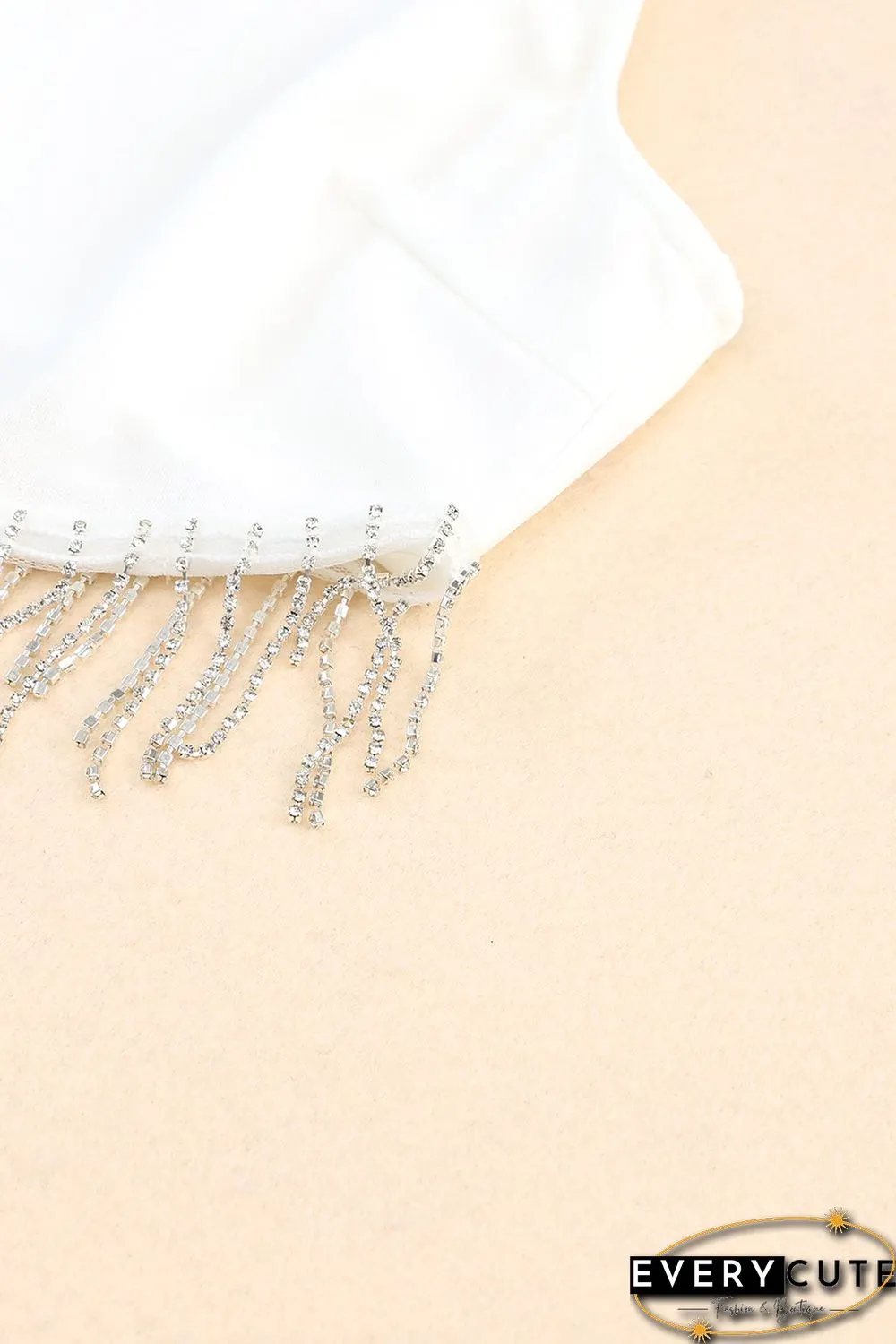 White Rhinestone Fringe Zip Back Round Neck Cropped Tank Top