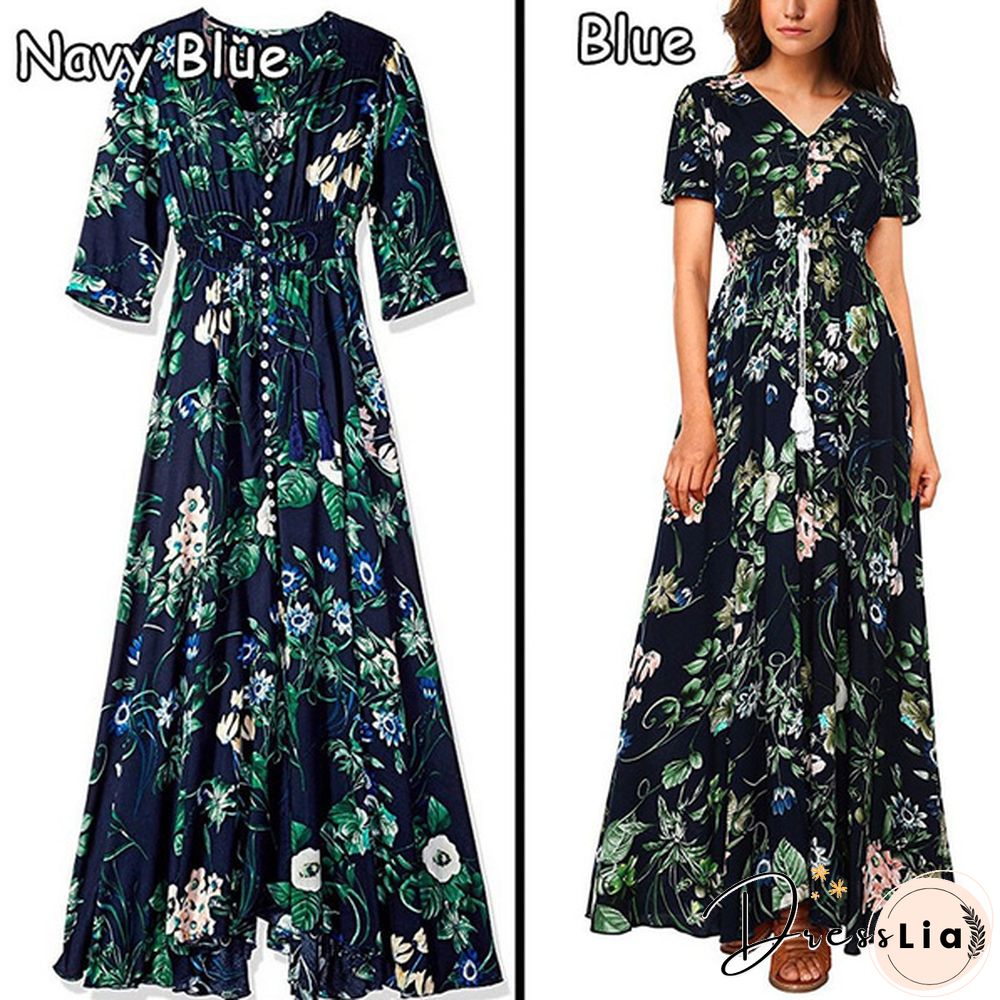 Summer Fashion Womens Bohemian V Neck Print Big Swing Long Dress Plus Size