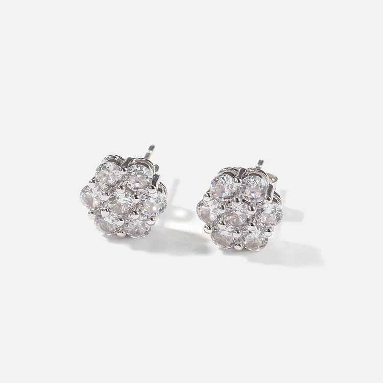 Iced Out Flower Silver Stud Earrings Hip Hop Bling Bling