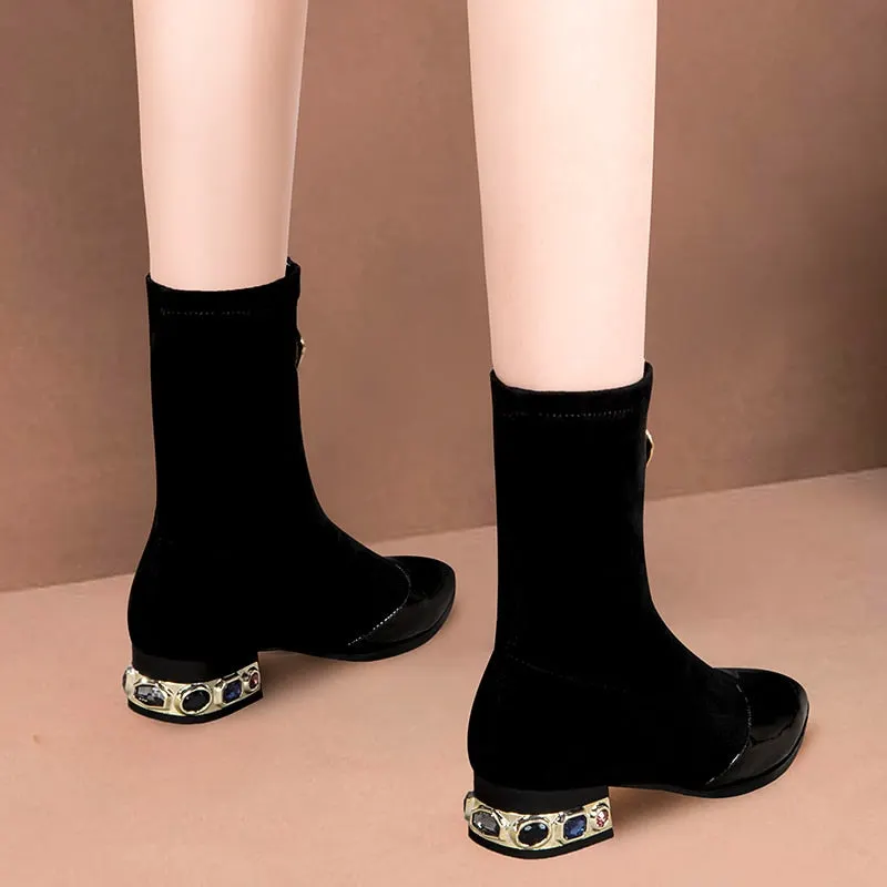 comemore New Women's Rubber Boots Zipper Booties Ladies Boots-women Crystal Ankle Pointy Shoes 2021 Stockings Autumn Rhinestone