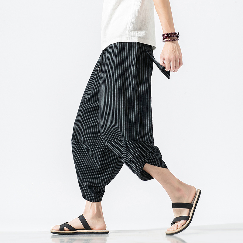Men's Vintage Japanese Irregular Stripes Loose Cotton Linen Casual Pants  artssus