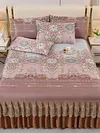 3pcs Retro Ice Silk Bed Skirt Set with Ruffle Wedding Bedspread Mattress Cover with 2 Pillowcases Machine Washable Elegant Home Decoration