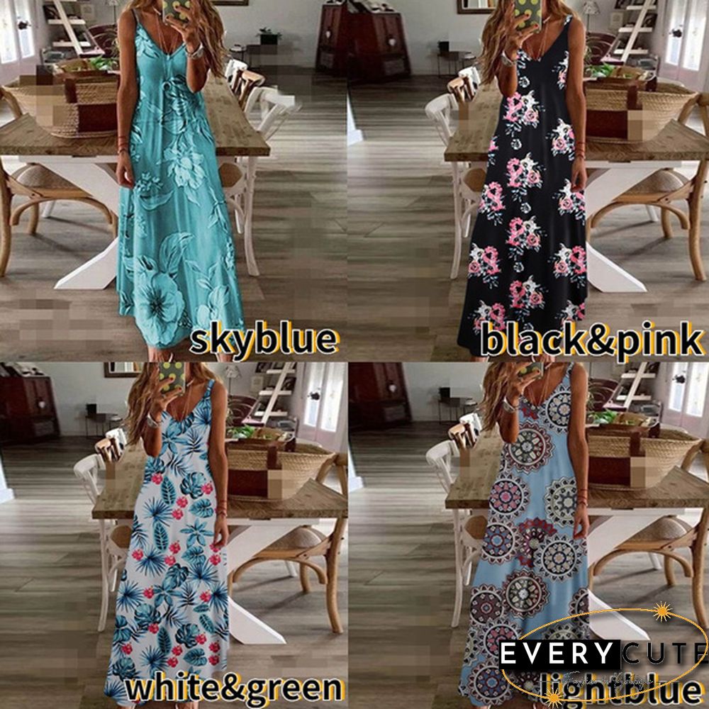 Women's Fashion Summer Sleeveless Floral Printing Sling Dress Deep V-Neck Slim Fit Big Swing Skirts Loose Casual Long Maxi Dresses Ladies Plus Size Party Dresses