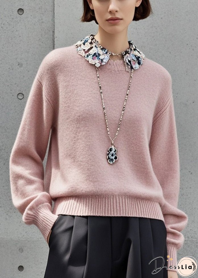 Simple Light Pink Stand Collar Patchwork Knitted Tops Fall