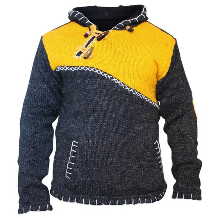 John Dutton Jacket Color Contrast Patchwork Sweater Long Sleeve Hooded Sweater Sweater Coat for Men
