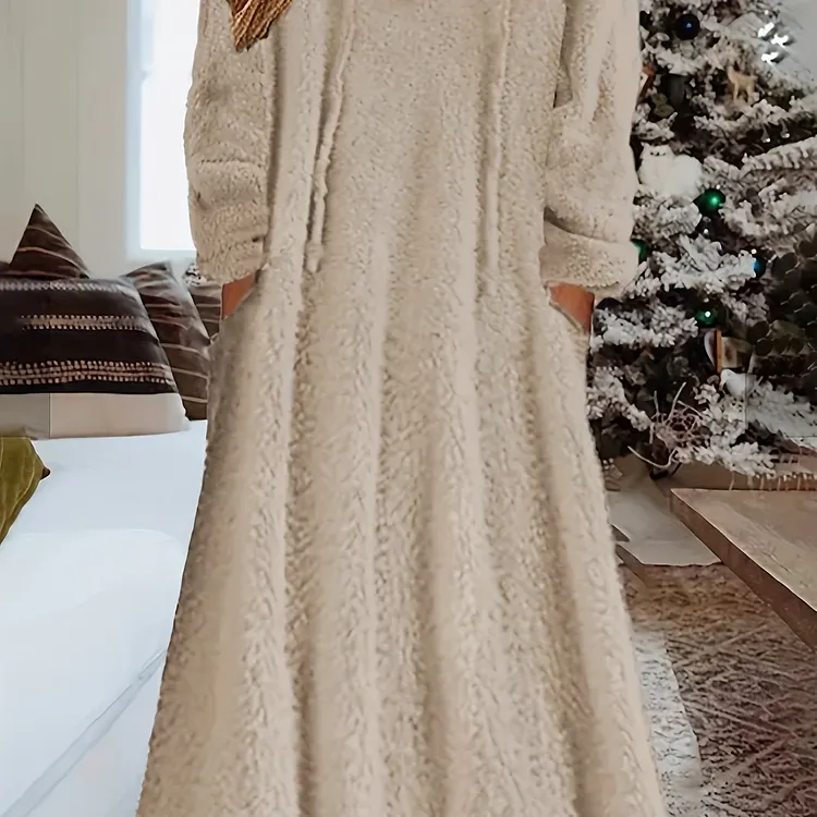 Plus Size Casual Dress, Women's Plus Solid Fuzzy Fleece Long Sleeve Drawstring Hooded Dress With Pockets