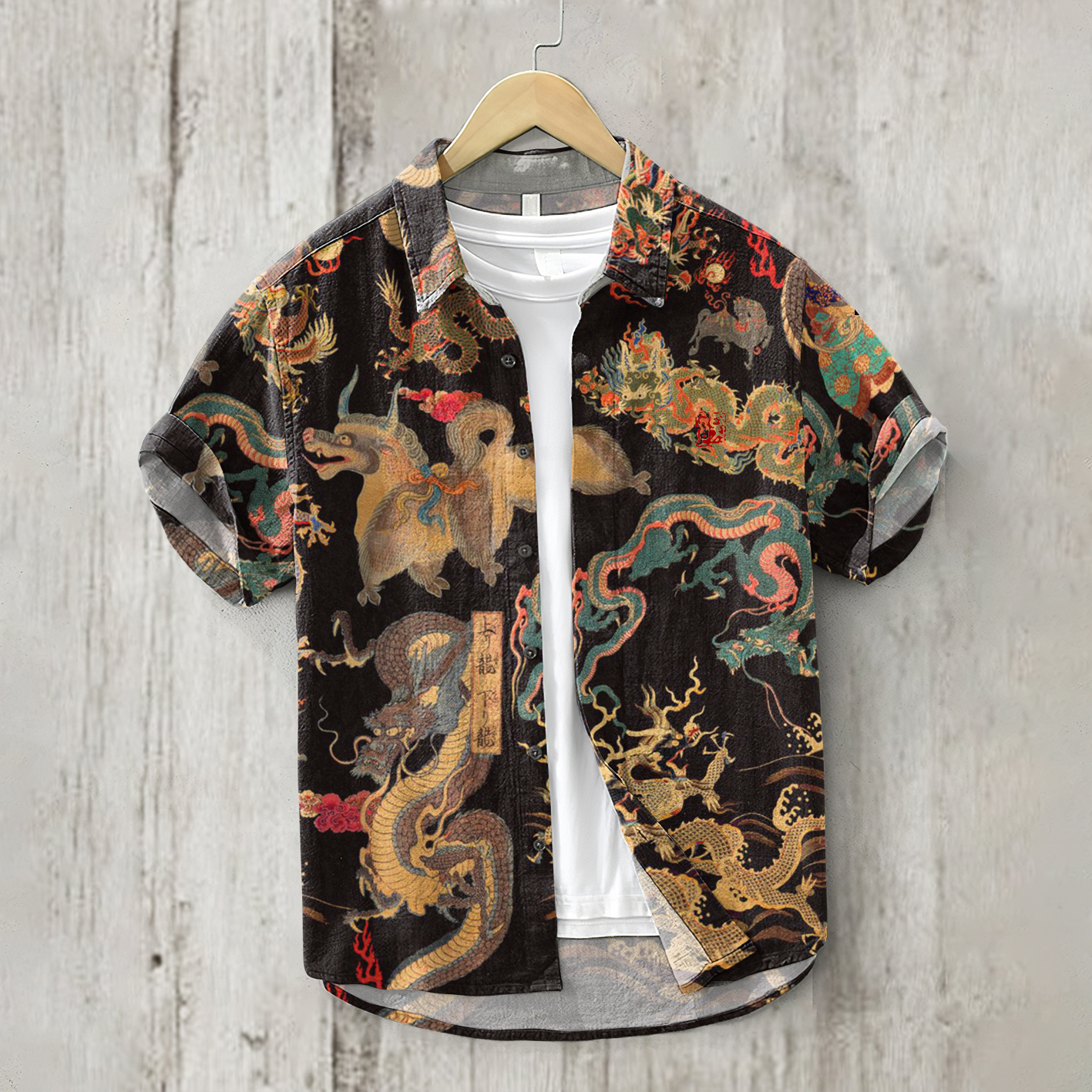 Japanese Dragon Art Short Sleeve Linen Blend Shirt  artssus