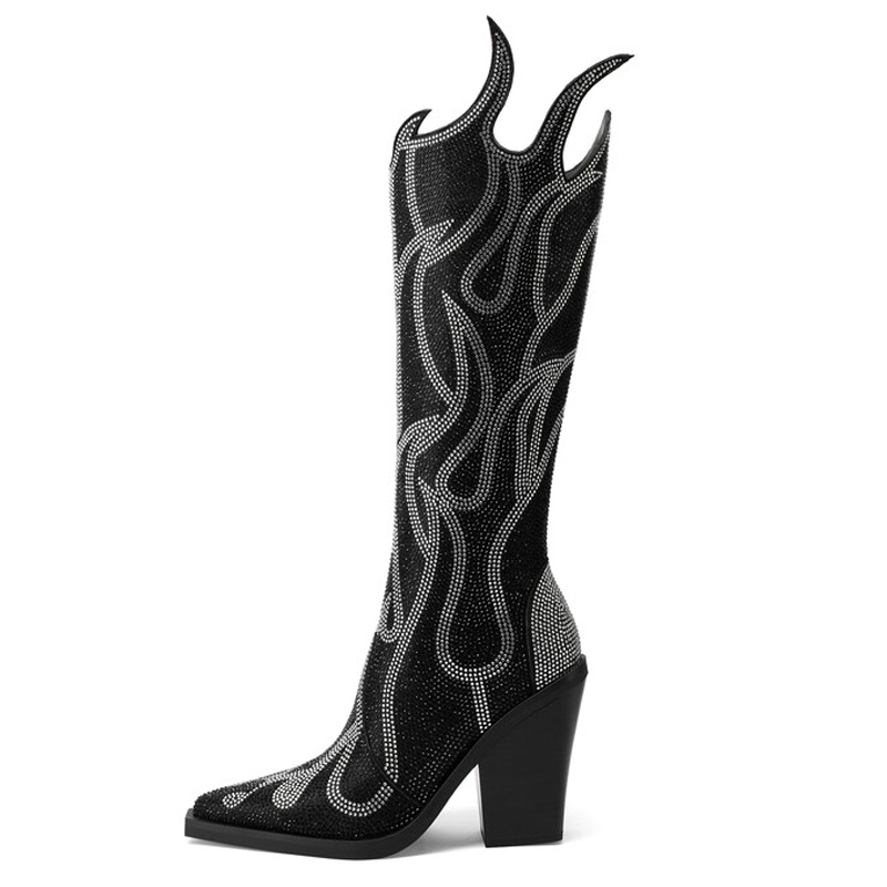 GOOSHOE Fire Image Women Custom Knee High Boots Bling Diamonds Wedge Heels Flame Shaped Upper Long Cowboy Booties
