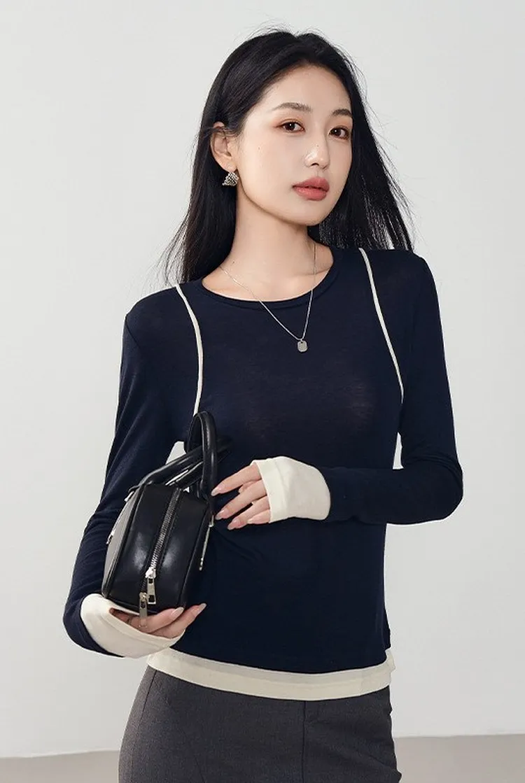 Long Sleeve Color Block Knit Sweater for Women