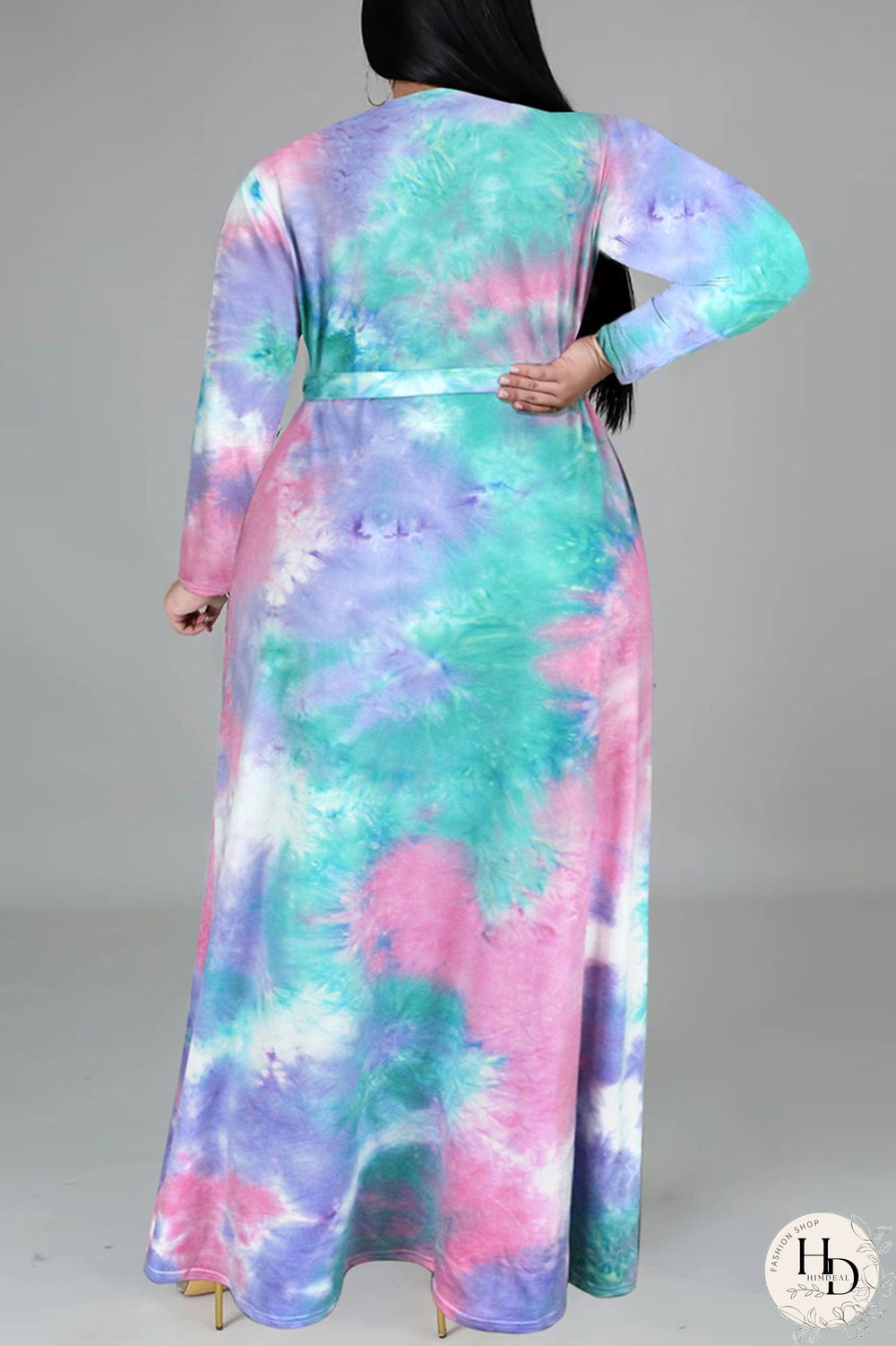 Colour Fashion Casual Print Tie-dye V Neck Long Sleeve Plus Size Dress