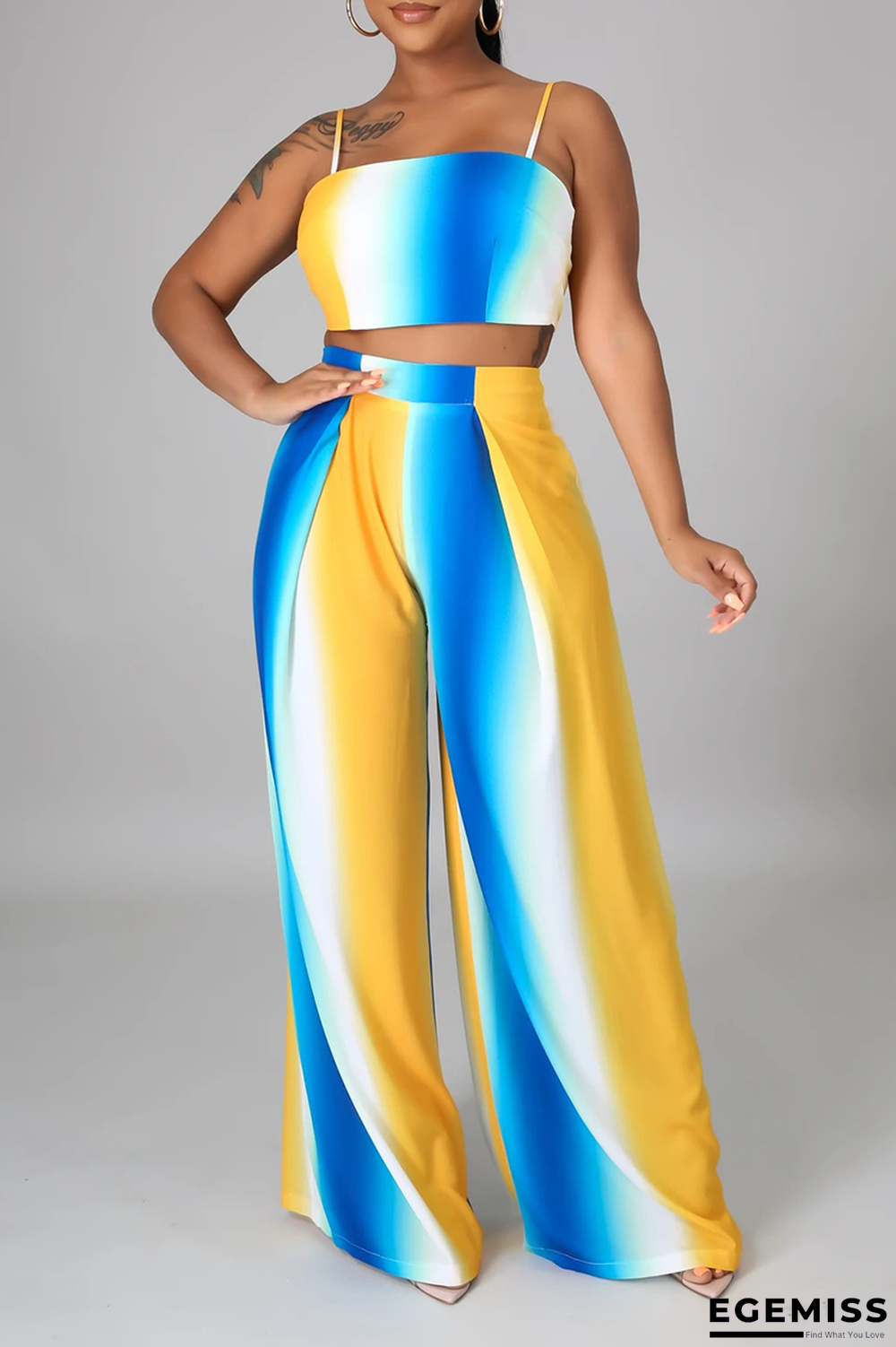 Yellow Sexy Striped Patchwork Spaghetti Strap Sleeveless Two Pieces | EGEMISS