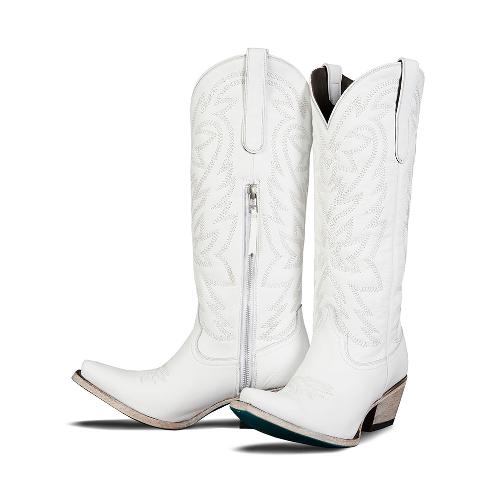 Women's Embroidered Snip Toe Knee-High White Cowboy Boots with Zipper