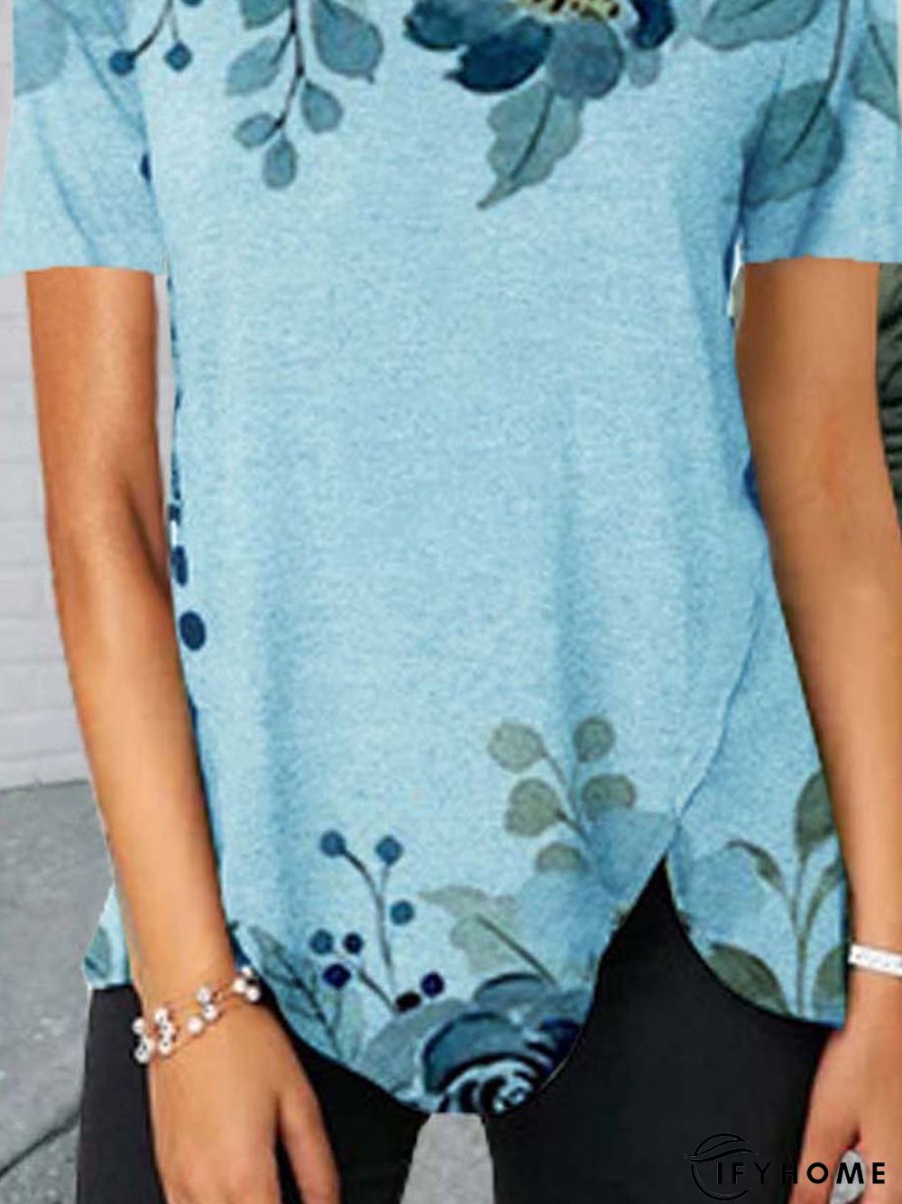 Floral  Short Sleeve Printed  Cotton-blend  V neck  Casual Summer  Blue Top | IFYHOME