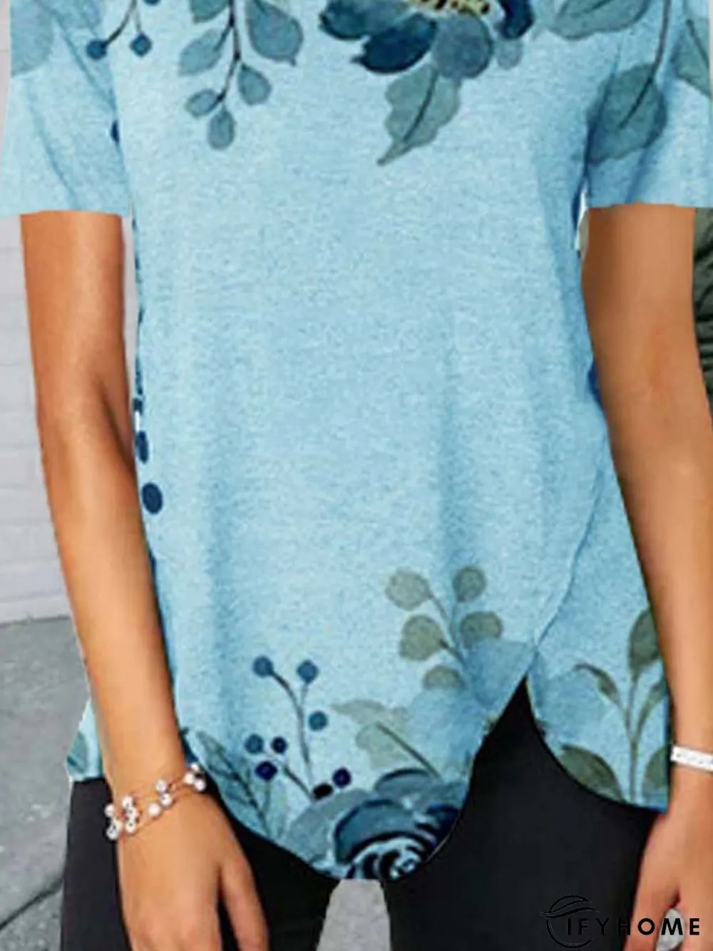 Floral  Short Sleeve Printed  Cotton-blend  V neck  Casual Summer  Blue Top | IFYHOME