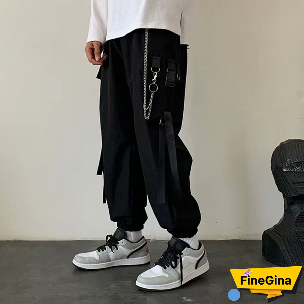 New Men's Side Pockets Cargo Harem Ribbons Black Hip Hop Casual Male Joggers Trousers Fashion Streetwear Pants
