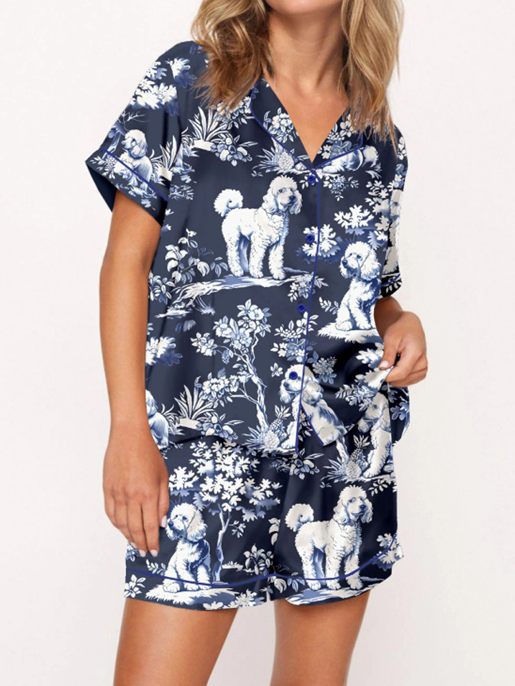Women's Casual Blue Poodle Dog Silky Satin Pajama Set elevenforest