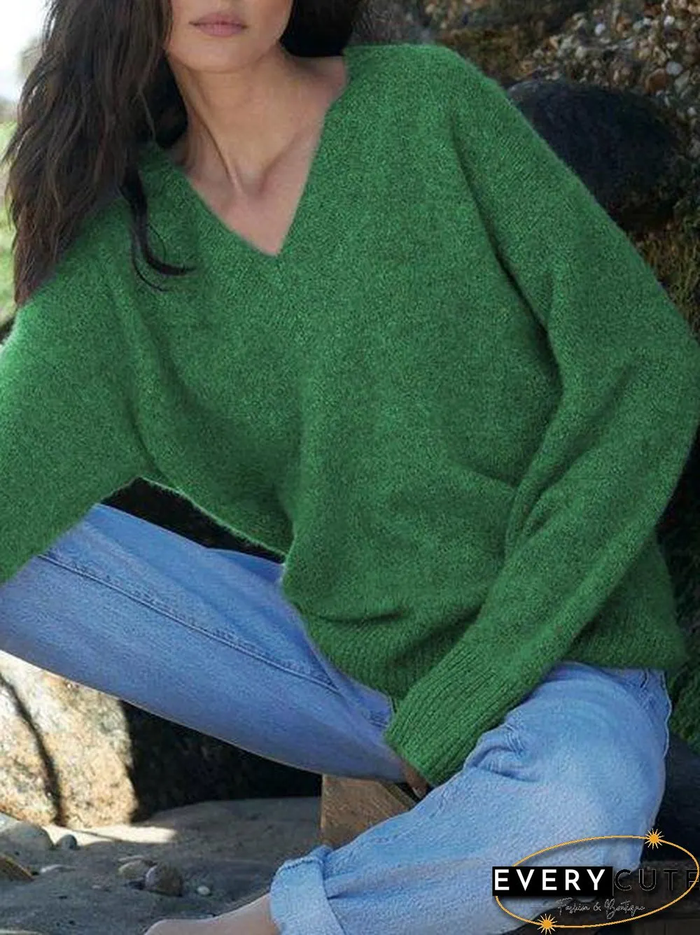 Shift Casual V Neck Solid Sweater