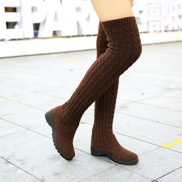comemore Women's Boots 2021 Autumn Winter Thigh High Boots for Women Knitting Wool Long Boot Woman Brown Black Ladies Flat Shoes