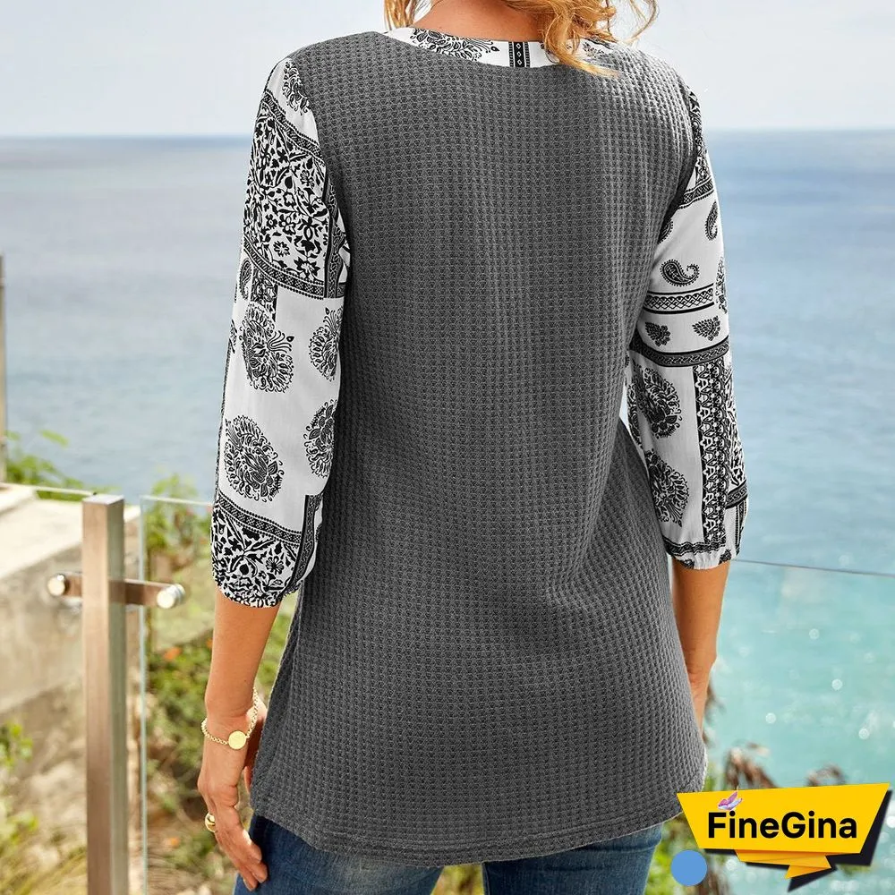 Leisure V Neck Pattern Sleeve Top