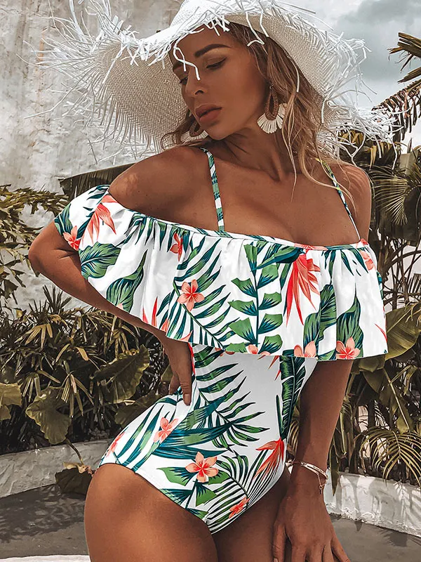 Off-The-Shoulder Floral Split-Joint Falbala One-Piece Swimwear