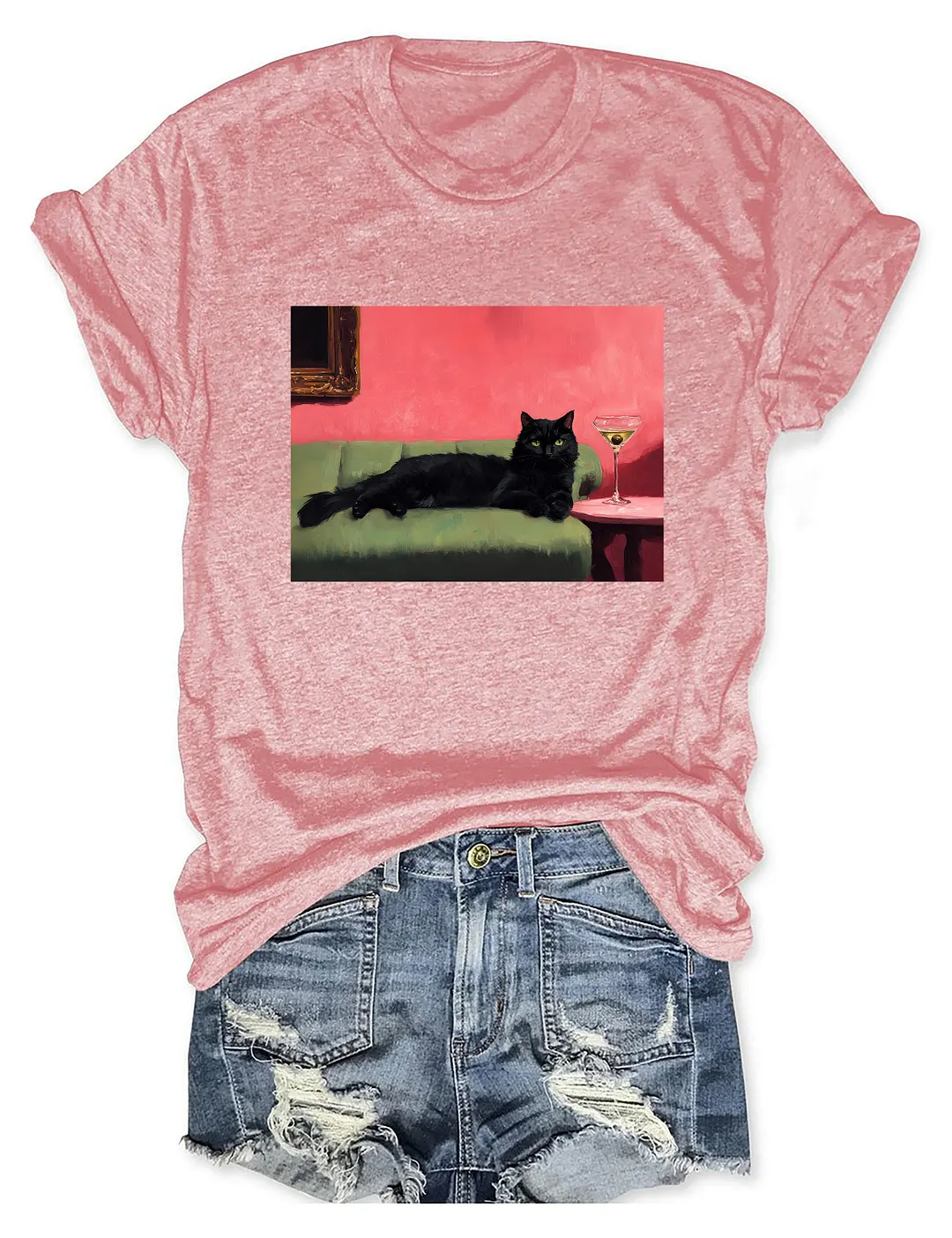 Black Cat With Martini Art T-shirt